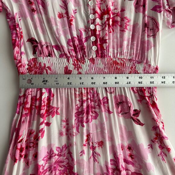 Abel the Label Pink Floral High Low Ruffle Hem Flutter Sleeve‎ Maxi Dress M - Picture 5 of 9